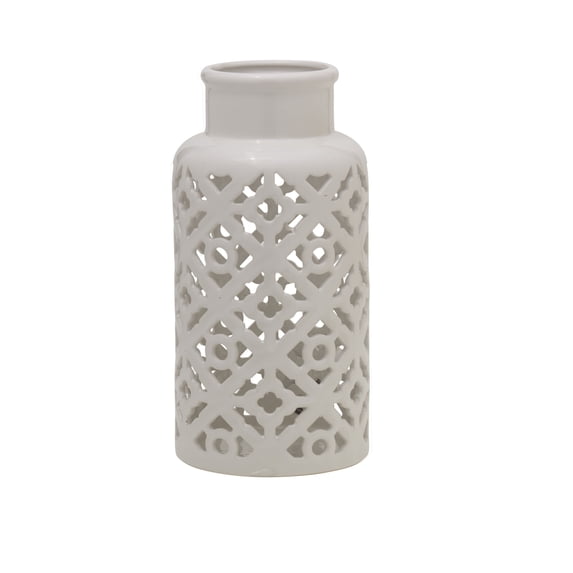 Elements 5.5X11 Inch White Quadrefoil Pierced Ceramic Vace