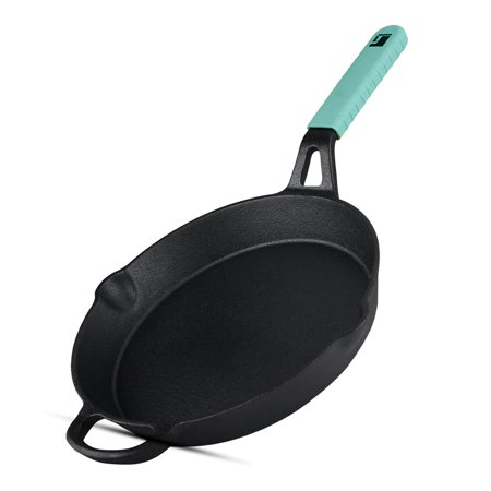 Elements Cast Iron 26 Cm Fry Pan, Pre-seasoned 3 Liters | For Searing, Browning, Caramelizing, Frying, Toasting, Teal Blue Silicone Handle - Induction & Gas Ready, 7-year Warranty