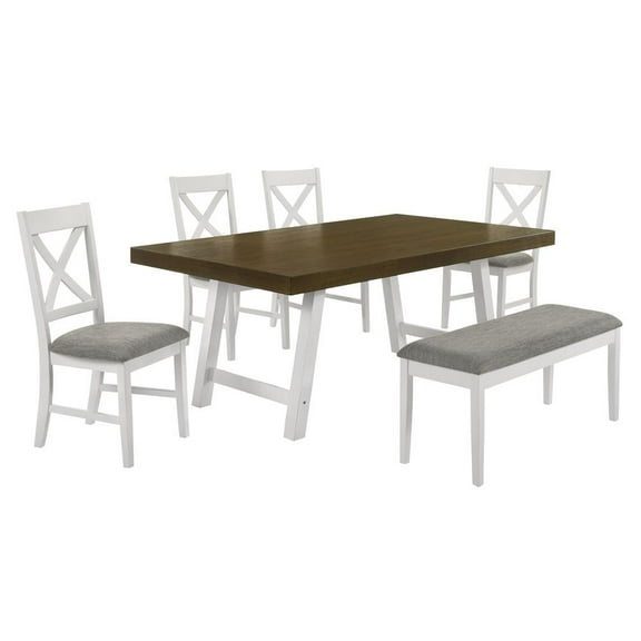 Elements Leena 6PC Dining Set with Table, 4 Chairs, and Bench in Oak and Antique White