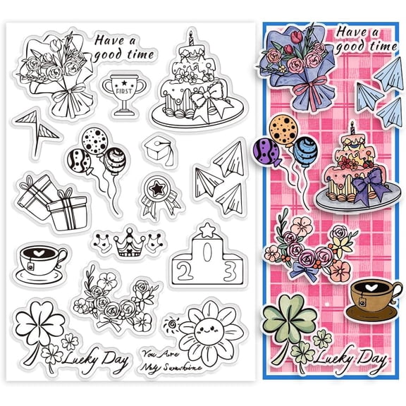 Elements of Life Clear Stamps for DIY Card Making Flower Silicone Stamp Cake Transparent Craft Seal Stamp Coffee Rubber Stamp for DIY DIY Scrapbooking Album Journal Crafting Notebook Decoration
