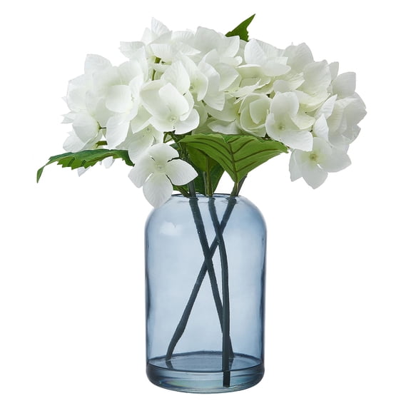 Elements 11.8 inch Realistic Look and Feel Artificial White Hydrangea Arrangement in Blue Glass Vase