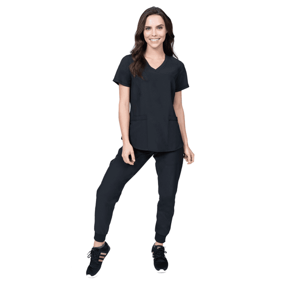 Elements Select ES2956 Women's Mock Wrap Scrub Top and Jogger Scrub Set Black Medium