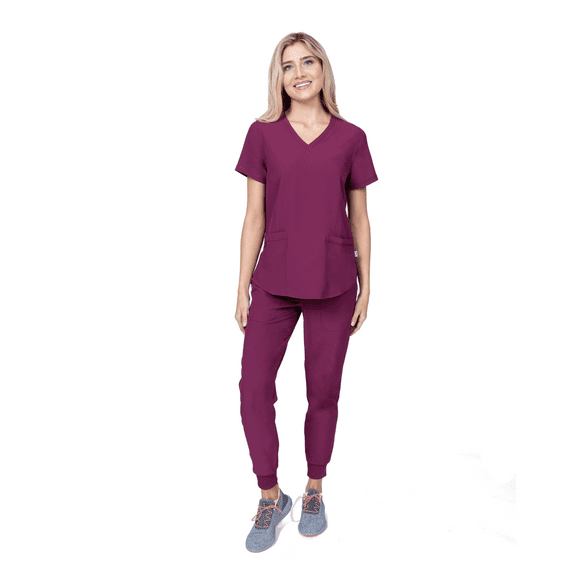 Elements Select ES2956 Women's Mock Wrap Scrub Top and Jogger Scrub Set Wine Small