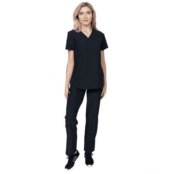 Elements Select ES2966 Women's V-Neck Top and Cargo Pocket Yoga Pant Scrub Set Black Large