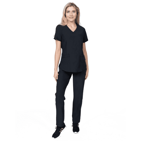 Elements Select ES2976 Women's Mock Wrap Top and Cargo Pocket Yoga Pant Scrub Set Black Small
