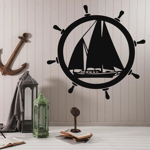 Elements Wall Sticker Sea Ship Steering Wheel Sailboat Vinyl Window Decal Ocean Theme Style Bedroom Nursery Interior Decor 42x43cm