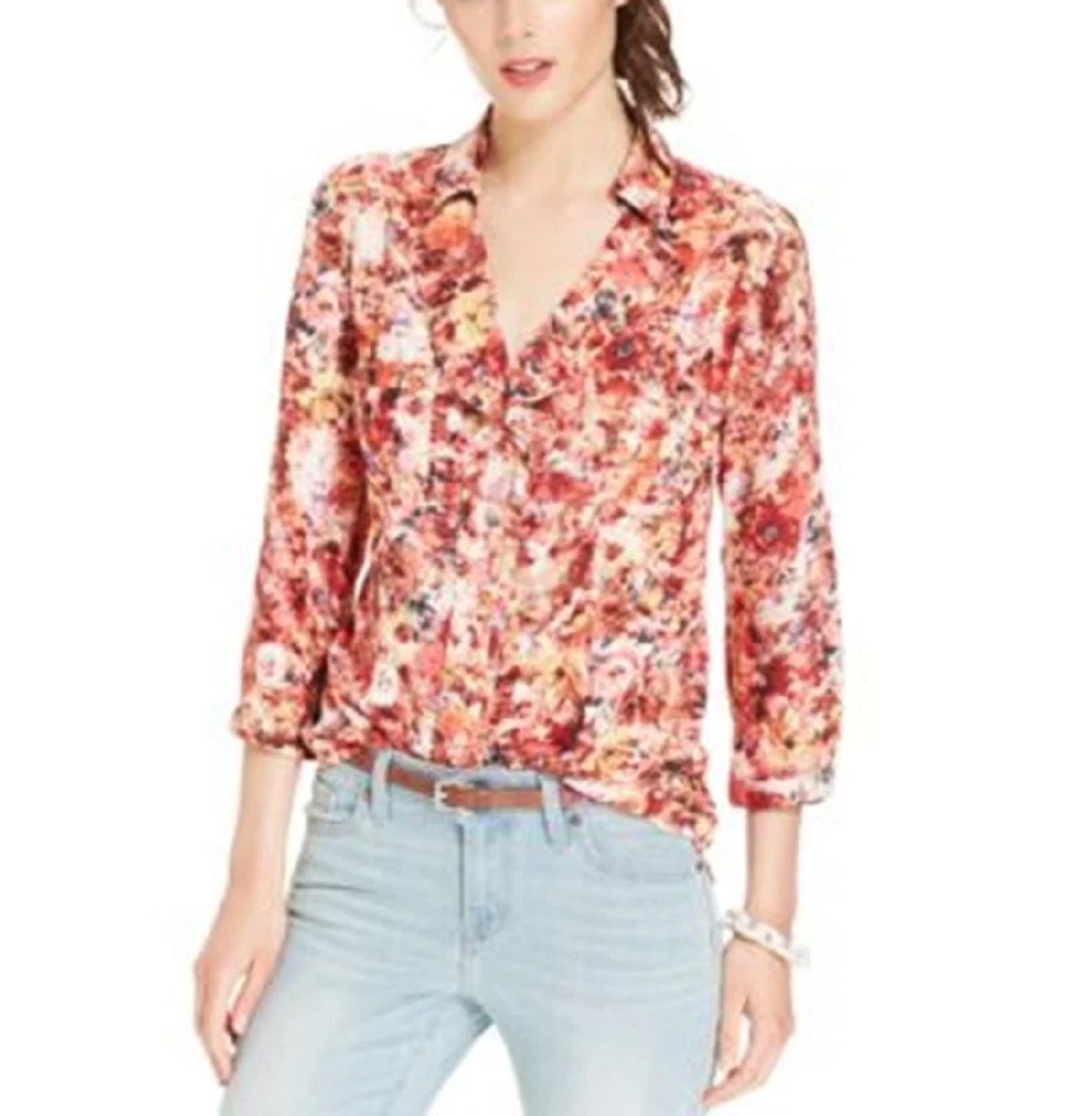 ELEMENTZ Floral Print Ruffle Trim Roll Tab Sleeve Blouse & Tops, Women's XL