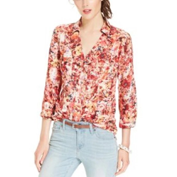 Elementz Floral Print Ruffle Trim Roll Tab Sleeve Blouse & Tops, Women's XL