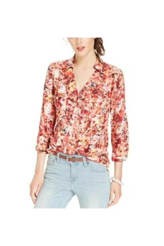 Floral Print Ruffle Trim Roll Tab Sleeve Blouse & Tops, Women's XL