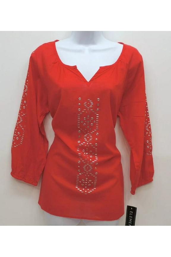Red Studded Three-Quarter Sleeve V-Neck Blouse, Women's Medium
