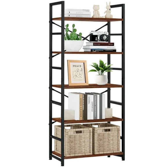 Elemore Home 5 Tier Bookshelf, Home Office Industrial Bookcase, Free-Standing Storage Shelving Unit