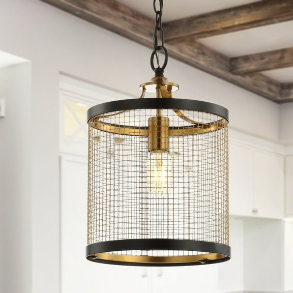 Elena 10" Lantern Metal LED Pendant, Black/Brass Gold