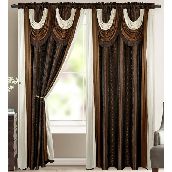Elena Luxury Jacquard Curtain Panel with Attached Waterfall Valance & Scarf 54 by 84-In Light Brown