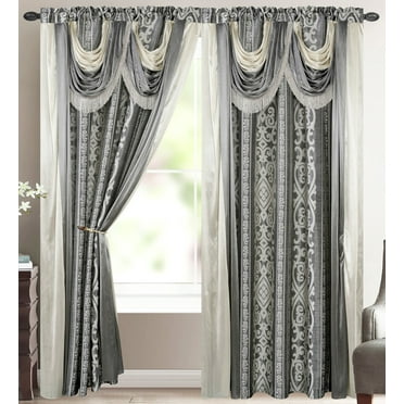 Elena Luxury Jacquard Curtain Panel with Attached Waterfall Valance & Scarf 54 by 84-Inch Grey