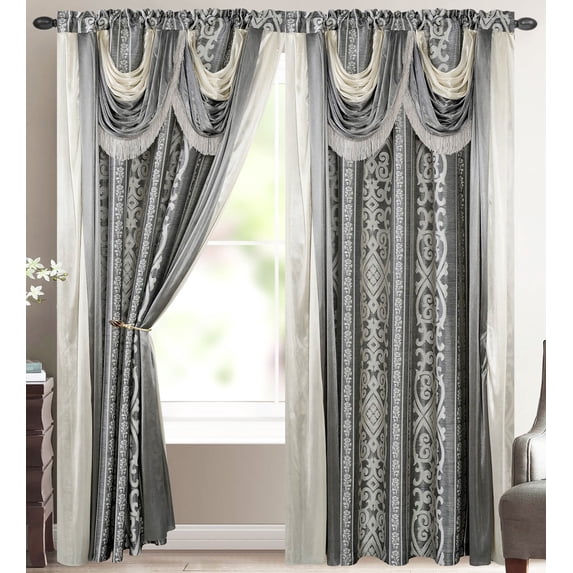 Elena Luxury Jacquard Curtain Panel with Attached Waterfall Valance & Scarf 54 by 84-Inch Grey