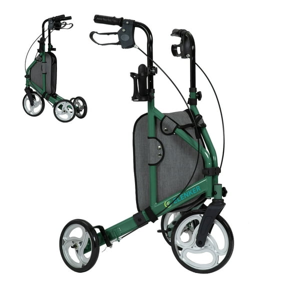 Elenker 3 Wheel Walker for Seniors, Foldable Rollator Walker with 10" Wheel, Height Adjustable, Green