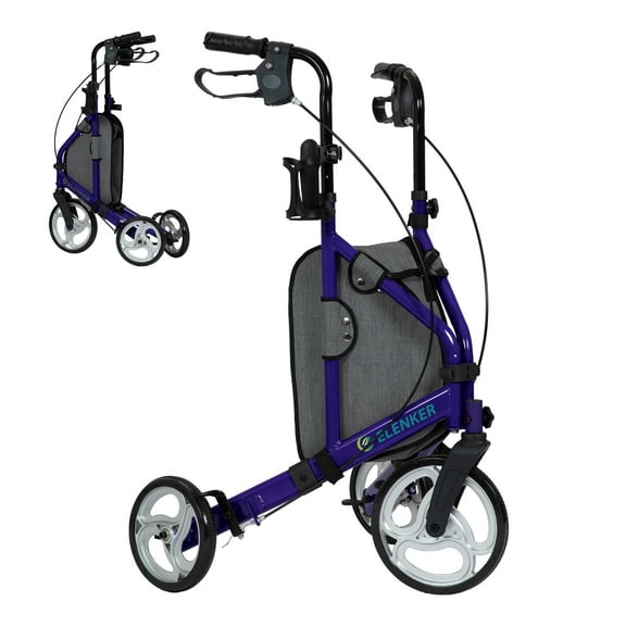 Elenker 3 Wheel Walker for Seniors, Foldable Rollator Walker with 10" Wheel, Height Adjustable, Purple