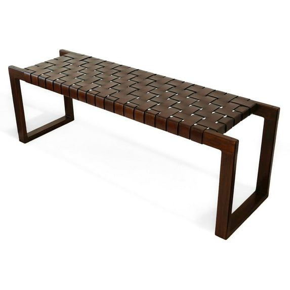 Elenor Mid-Century Modern Rectangular Genuine Tan Leather & Solid Wood Bench