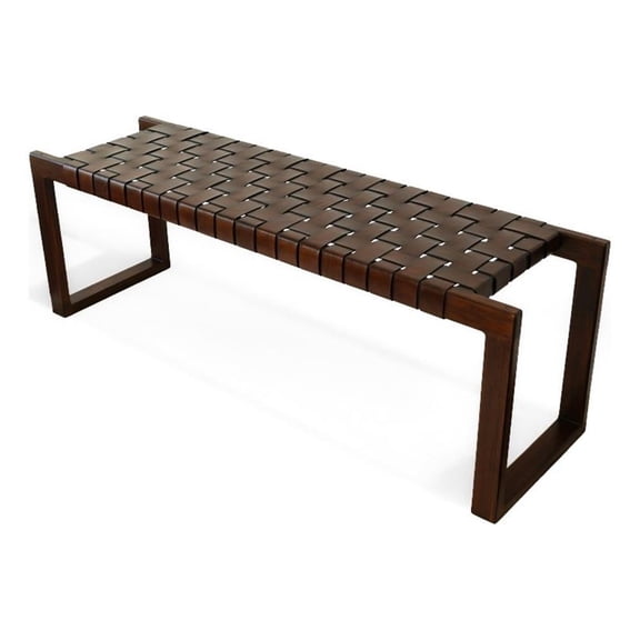 Elenor Mid-Century Modern Rectangular Genuine Tan Leather & Solid Wood Bench