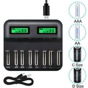 Elenxs 8-Slot Battery Charger USB Powered AA/AAA/C/D Rechargeable Battery Charger with LCD Display