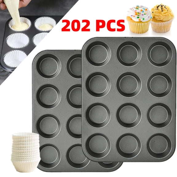 Eleonora 2 Pack Non-stick Steel Muffin Pans 12-Cup With 200 White Cupcake Liners, Regular Size Cupcake Molds for Homemade Muffins