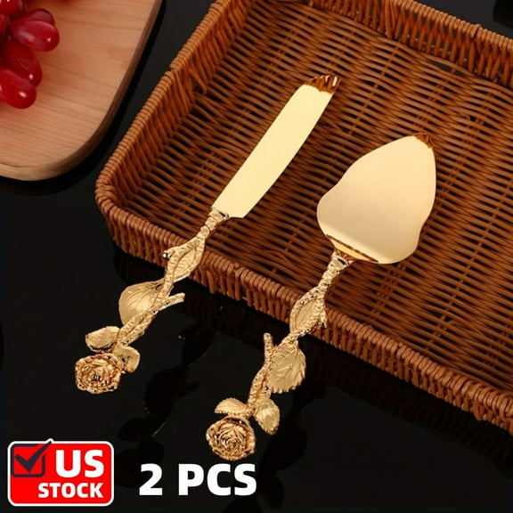 Eleonora Cake Cutting Set for Wedding, Gold Cake Knife and Server Set With Rose Handle, Engraved Pastry Pie Server Cake Pizza Cutter, Birthday Bridal Gift
