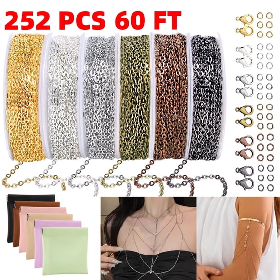 Eleonora Jewelry Making Chains DIY Craft Kit 6 Colors 60ft with 6 Necklace Chains 180 Open Jump Rings 60 Lobster Clasps 6 Fine Storage Pouch, 252 Pieces for Adults