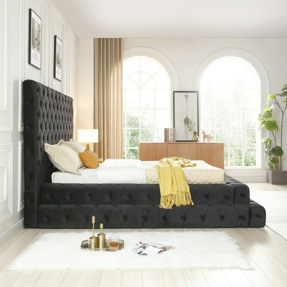 Eleonora Queen Size Luxurious Upholstered Velvet Bed in Black Color