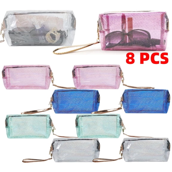 Eleonora Stain Resistant Adult Clear PVC Cosmetic Toiletry Makeup Bag with Zipper Silver Pink, 8 Pcs
