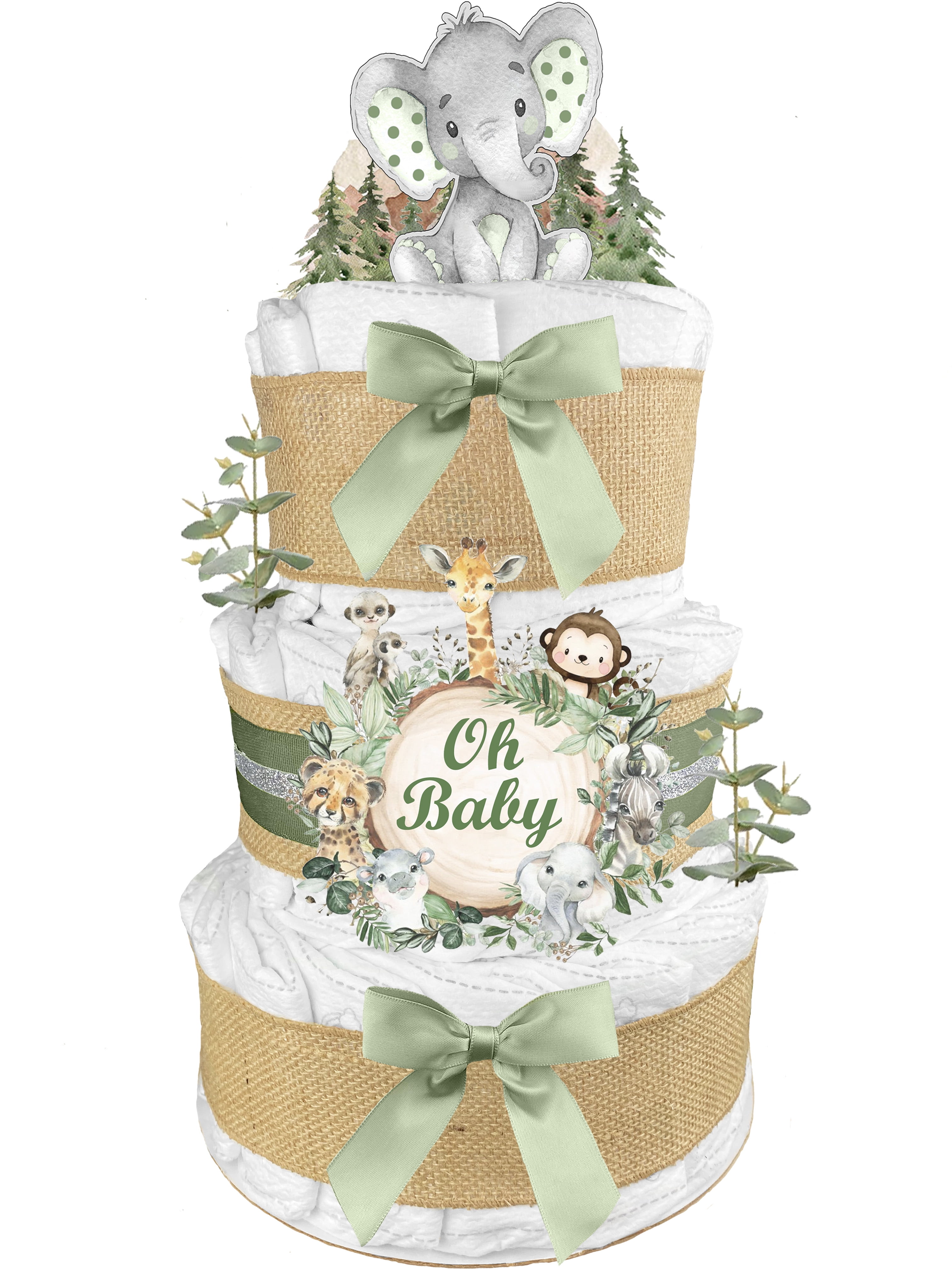 Elephant 3-Tier Diaper Cake - Gender Neutral Baby Shower Gift - Oh Baby -  Boy or Girl Newborn Gift - Sage Green 