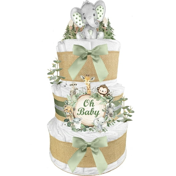 Elephant 3-Tier Diaper Cake - Gender Neutral Baby Shower Gift - "Oh Baby" - Boy or Girl Newborn Gift - Sage Green
