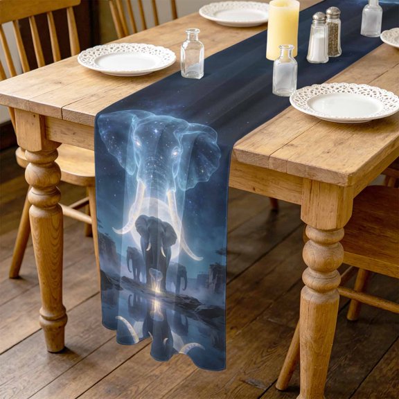 Elephant 4.5ft Cheesecloth Table Runner for Wedding 19"x55", Watercolor Elephant Fantasy Moon Forest Tree Natural Scenery Kitchen Dinner Sheer Tulle Chiffon Dresser Scarf, Holiday Party Decorations
