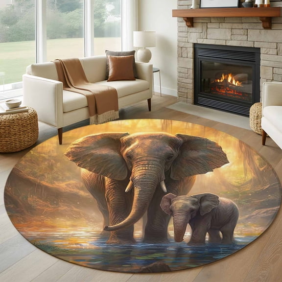 Elephant 7ft Round Rug for Living Room Conversation Area, Animal Forest River Yellow Oil Painting Washable Non Slip Large Circle Area Rug