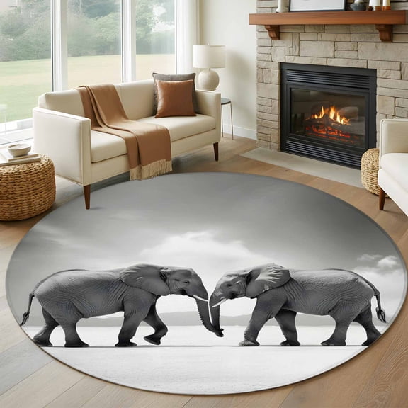 Elephant 7ft Round Rug for Living Room Conversation Area, Gray Gradient Cloud Sky Animal Washable Non Slip Large Circle Area Rug