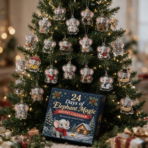 Elephant Advent Calendar 2026, 24-Day Countdown with 24 2D Hanging Ornaments, Christmas Gift and Decor