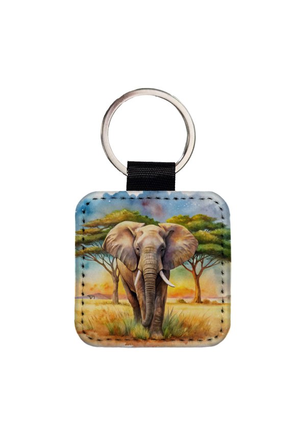 Elephant African Plain Watercolor Design Faux Leather Square Keychain