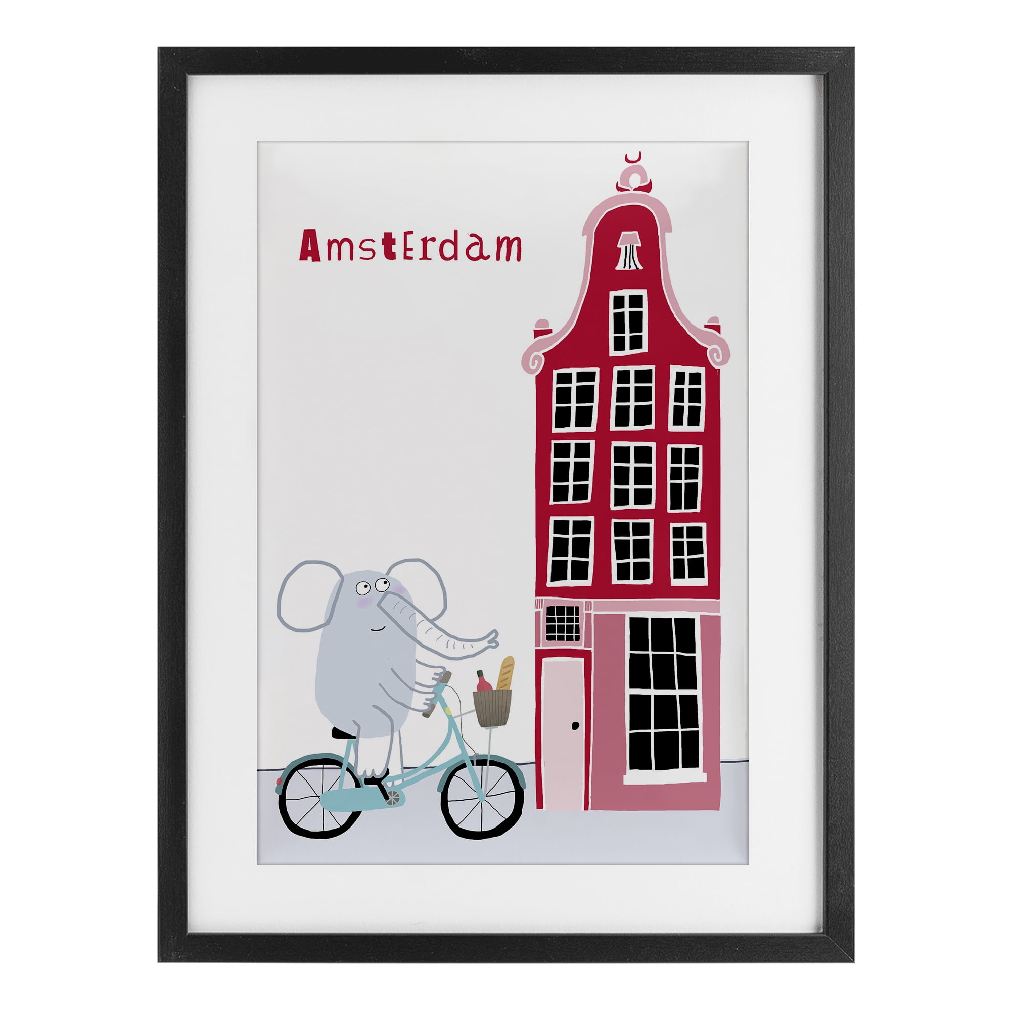 Elephant & Amsterdam Building Black Framed Print Under Glass, design by Carla Daly