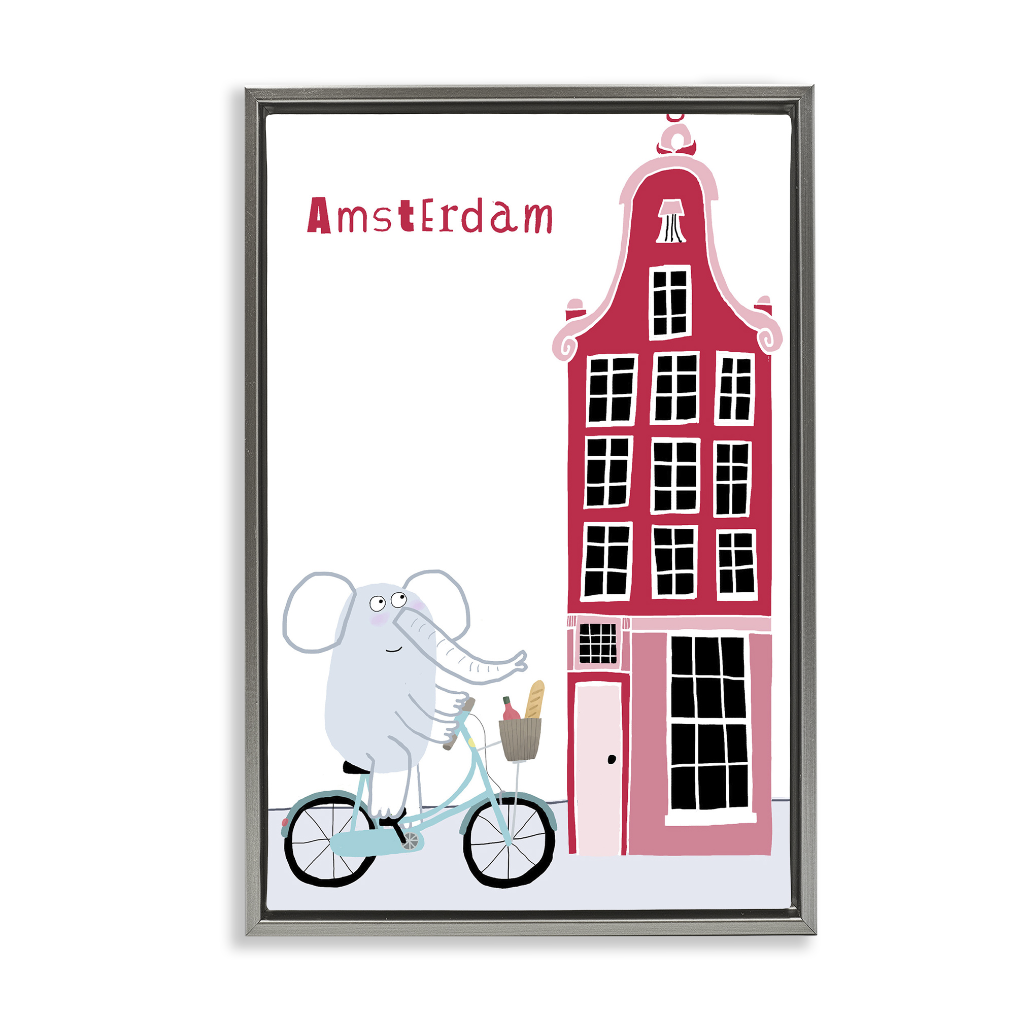 Elephant & Amsterdam Building Gray Framed Floater Canvas Wall Art, design by Carla Daly