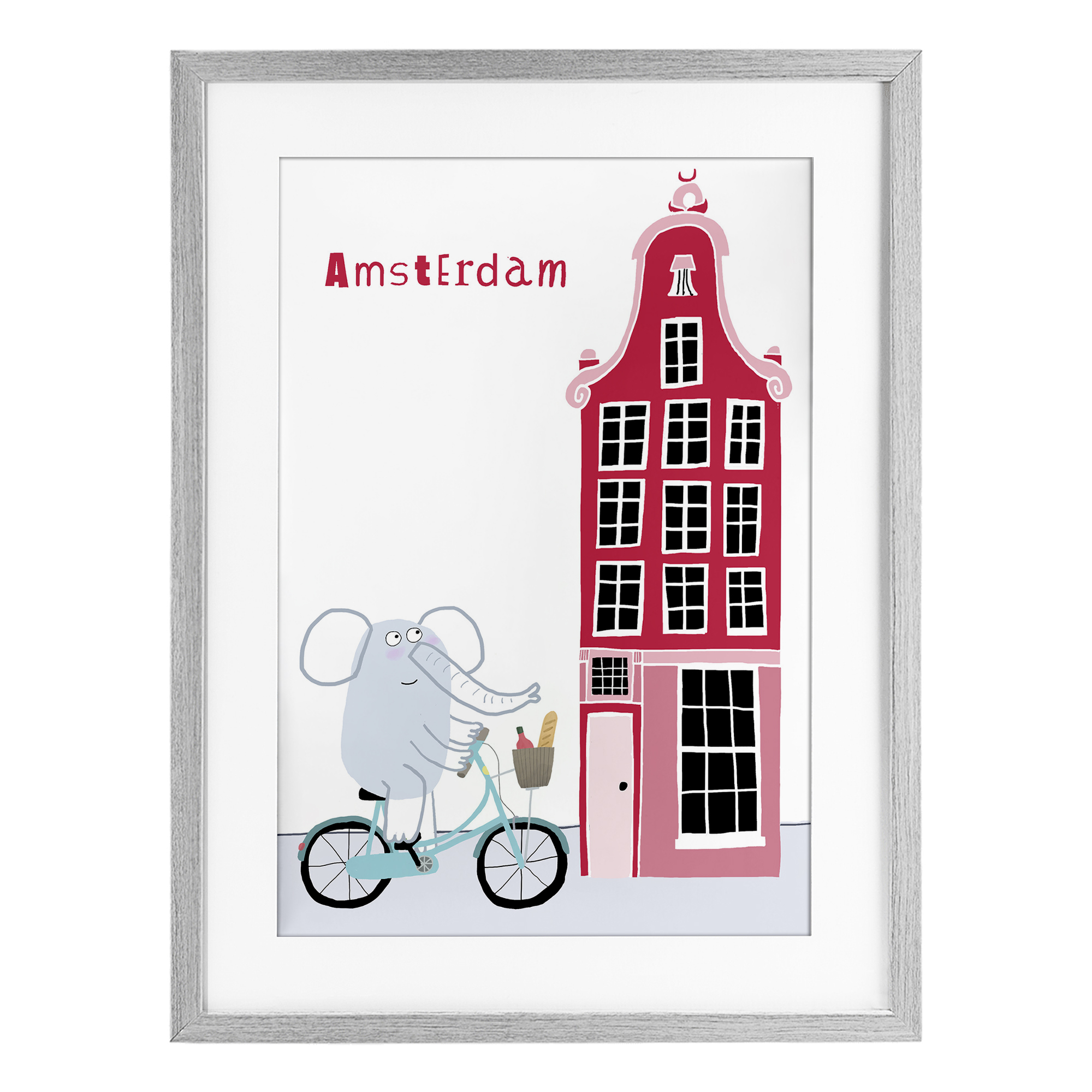 Elephant & Amsterdam Building Gray Framed Print Under Glass, design by Carla Daly