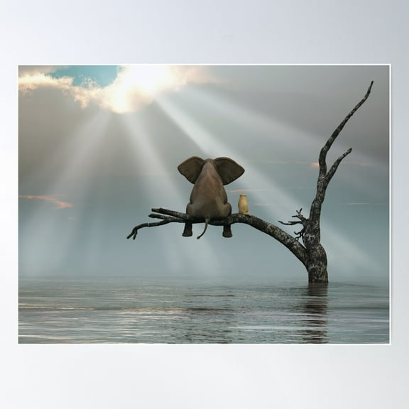 Elephant And A Dog Are Sitting On A Tree Poster Wall Art, Modern Wall Decor For Living Room Bedroom, 8x12 UNFRAMED