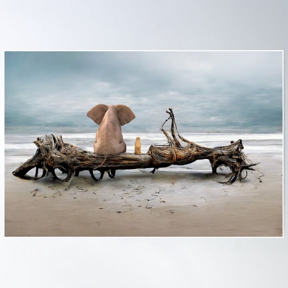 Elephant And A Dog Are Sitting On Driftwood Poster, UNFRAMED PAPER POSTER, Home Decor