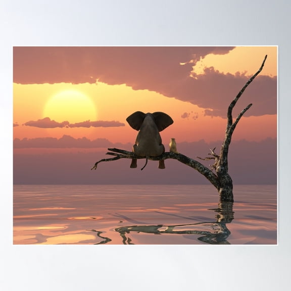 Elephant And Dog Are Sitting On A Tree Fleeing A Flood Poster Wall Art, Modern Wall Decor For Living Room Bedroom, 12x18 UNFRAMED