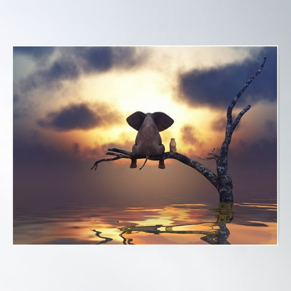 Elephant And Dog Are Sitting On A Tree Fleeing A Flood Poster Wall Art, Modern Wall Decor For Living Room Bedroom, 8x12 UNFRAMED