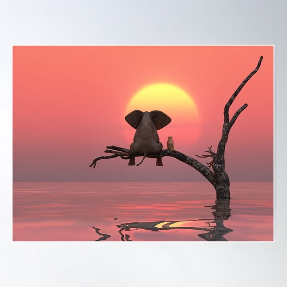 Elephant And Dog Are Sitting On A Tree Poster Wall Art, Modern Wall Decor For Living Room Bedroom, 24x36 UNFRAMED