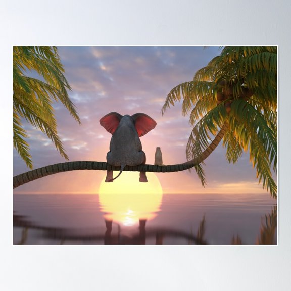 Elephant And Dog Sit On A Palm Tree On The Beach Poster Wall Art, Modern Wall Decor For Living Room Bedroom, 8x12 UNFRAMED