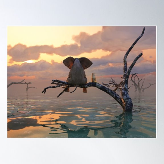 Elephant And Dog Sit On A Tree During A Flood 2 Poster Wall Art, Modern Wall Decor For Living Room Bedroom, 12x18 UNFRAMED