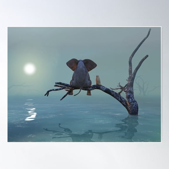 Elephant And Dog Sit On A Tree During A Flood 3 Poster Wall Art, Modern Wall Decor For Living Room Bedroom, 8x12 UNFRAMED