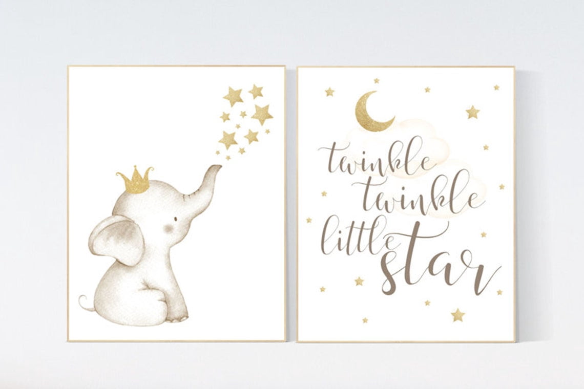 Elephant And Stars Gold Baby Wall Art Print, Girls Room, Nursery And ...