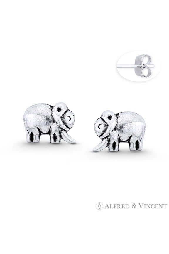 Elephant Animal Charm 8x10mm Stud Earrings in Oxidized .925 Sterling Silver