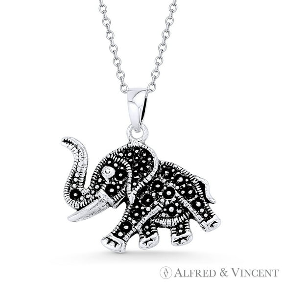 Elephant Animal Charm Pendant & Cable Chain Necklace in Oxidized .925 Sterling Silver